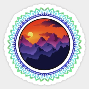 Sunset over mountains with blue-green zentangle Sticker